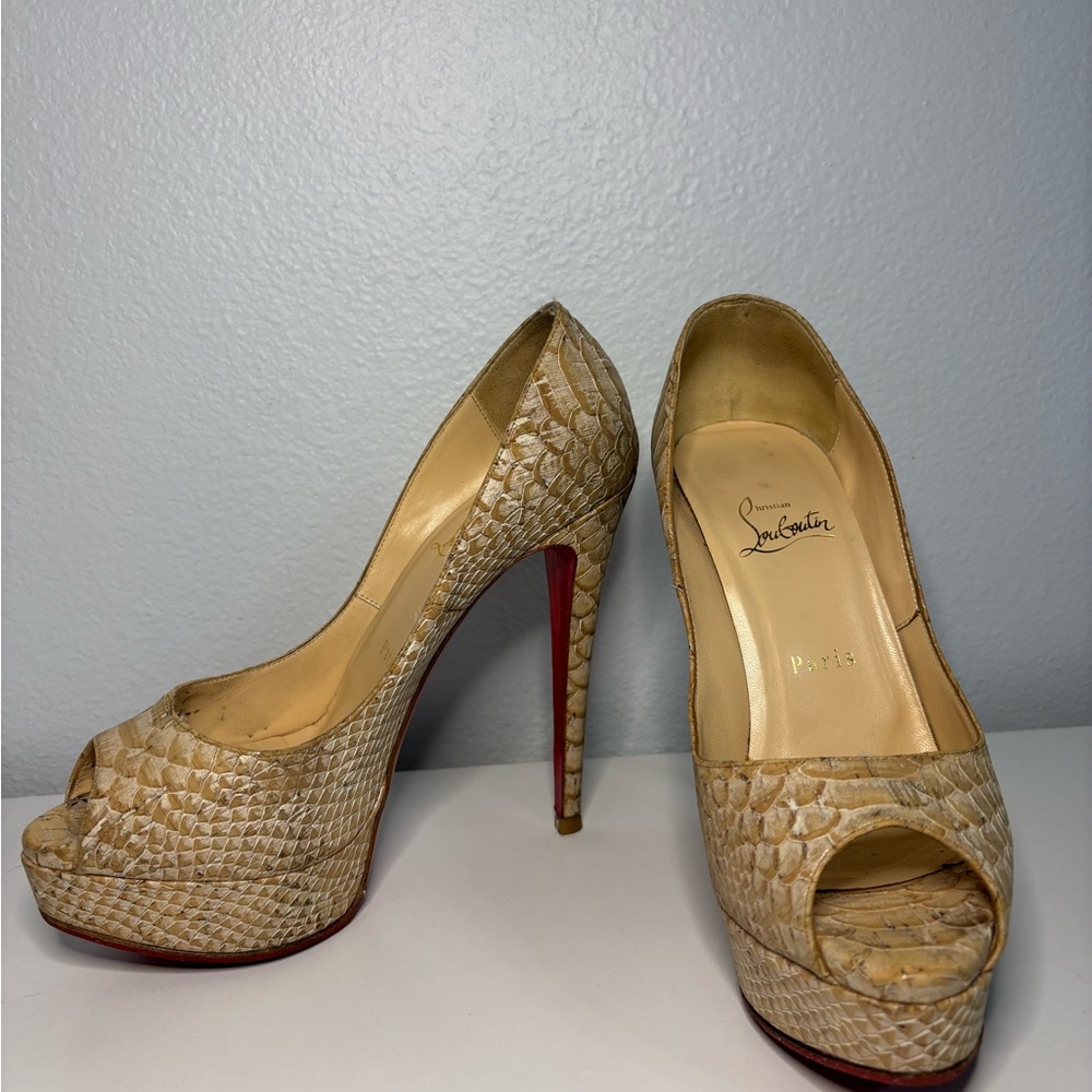 Christian Louboutin Python Embossed Peep-Toe Pumps